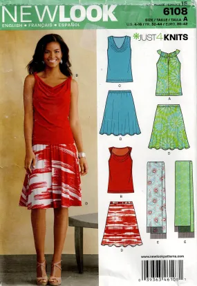 New Look 6108 Womens Stretch Tops Skirts & Scarf Out Of Print Sewing Pattern Size 4 - 16 UNCUT Factory Folded