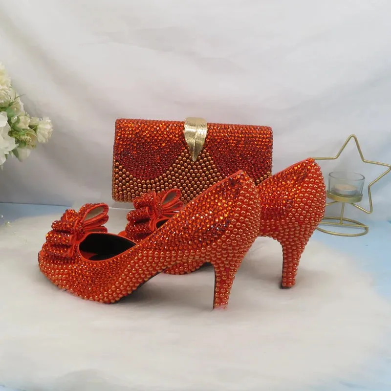 On Fire Orange Crystal Peep Toe Shoes with Matching Clutch Bag