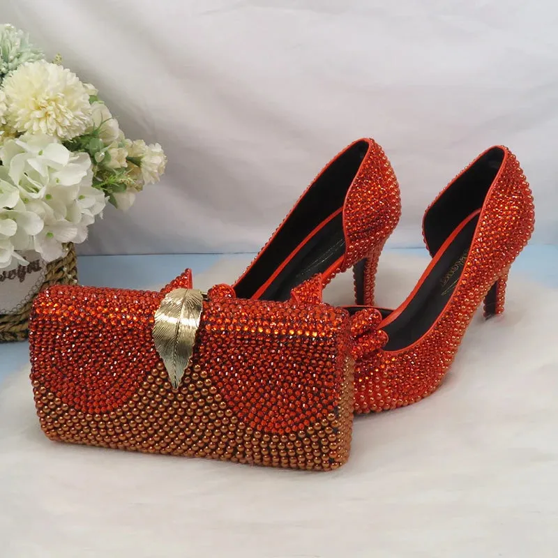 On Fire Orange Crystal Peep Toe Shoes with Matching Clutch Bag