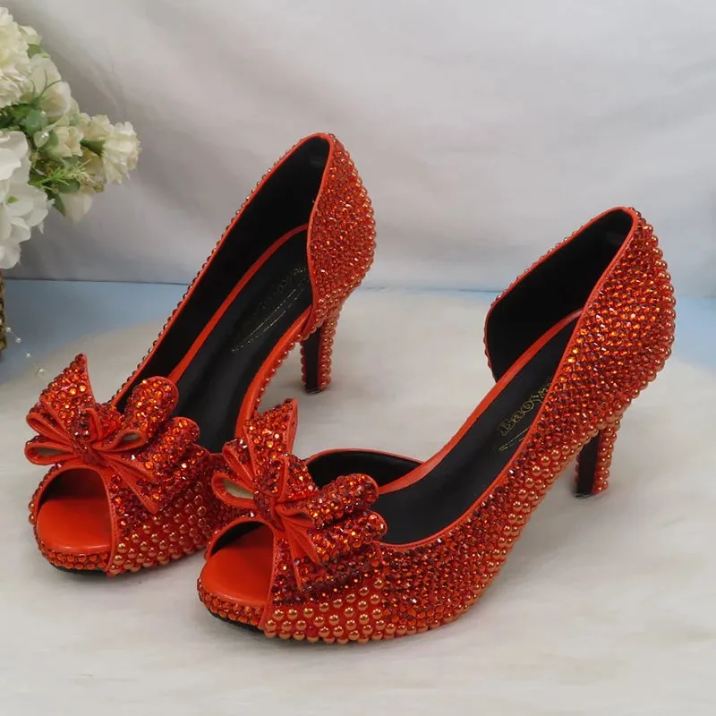 On Fire Orange Crystal Peep Toe Shoes with Matching Clutch Bag