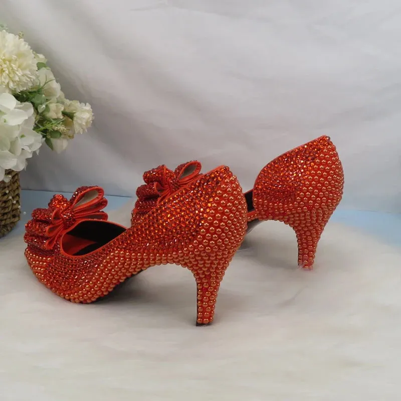 On Fire Orange Crystal Peep Toe Shoes with Matching Clutch Bag