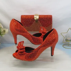 On Fire Orange Crystal Peep Toe Shoes with Matching Clutch Bag