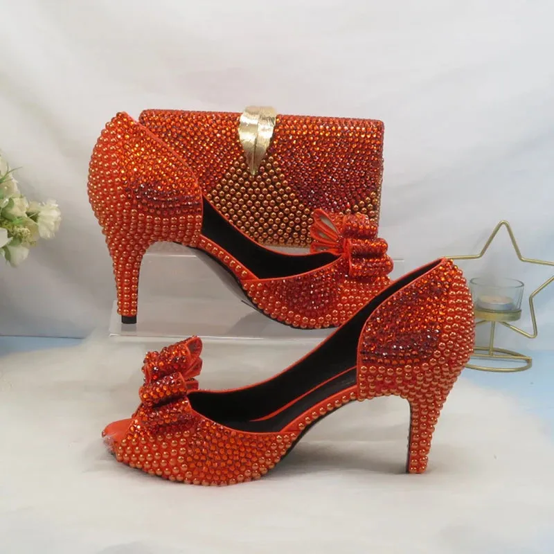 On Fire Orange Crystal Peep Toe Shoes with Matching Clutch Bag