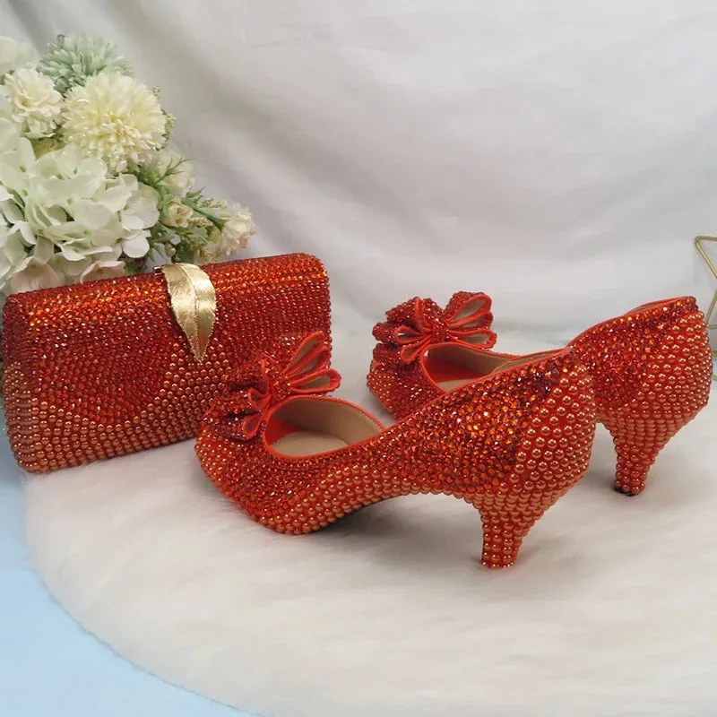 On Fire Orange Crystal Peep Toe Shoes with Matching Clutch Bag