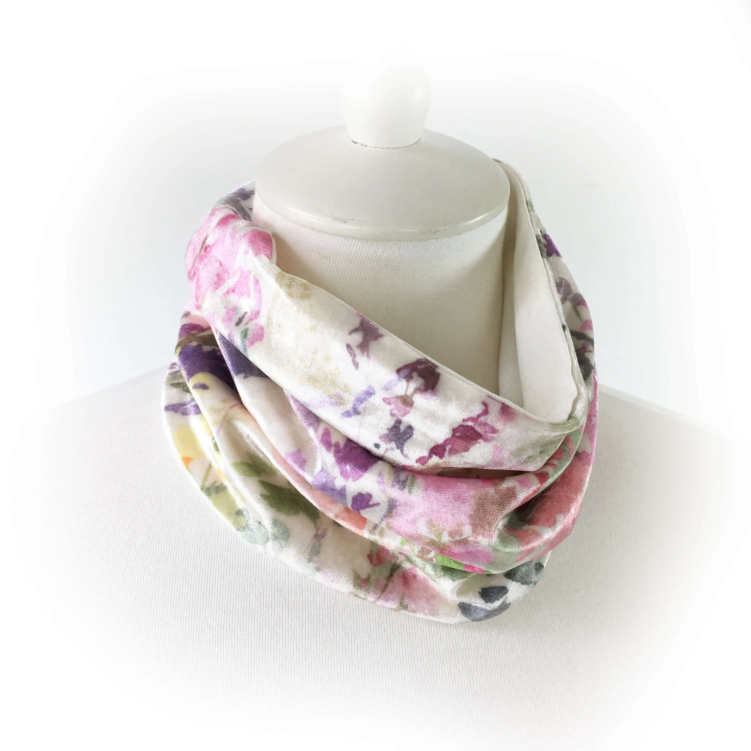 Pastel Garden, Versatile Cowl Scarf, Headband, HatBand, Neck Warmer, Ladies Scarf, Velour Scarf, Designer Scarf, Handpainted and printed