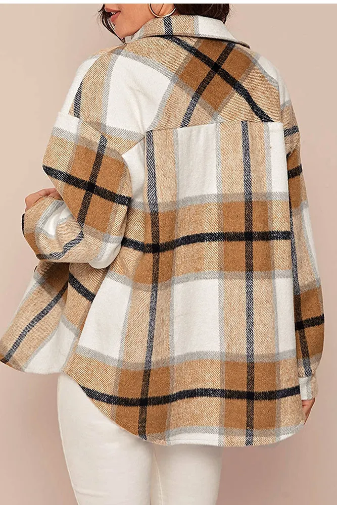 Plaid Button Down Pocketed Shacket Jackets Women