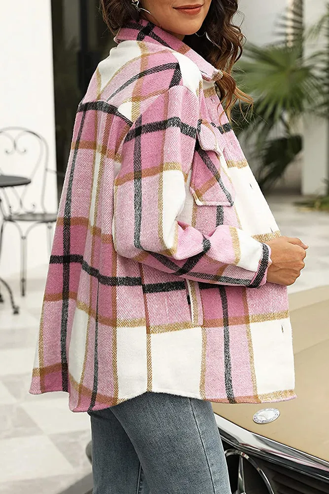 Plaid Button Down Pocketed Shacket Jackets Women