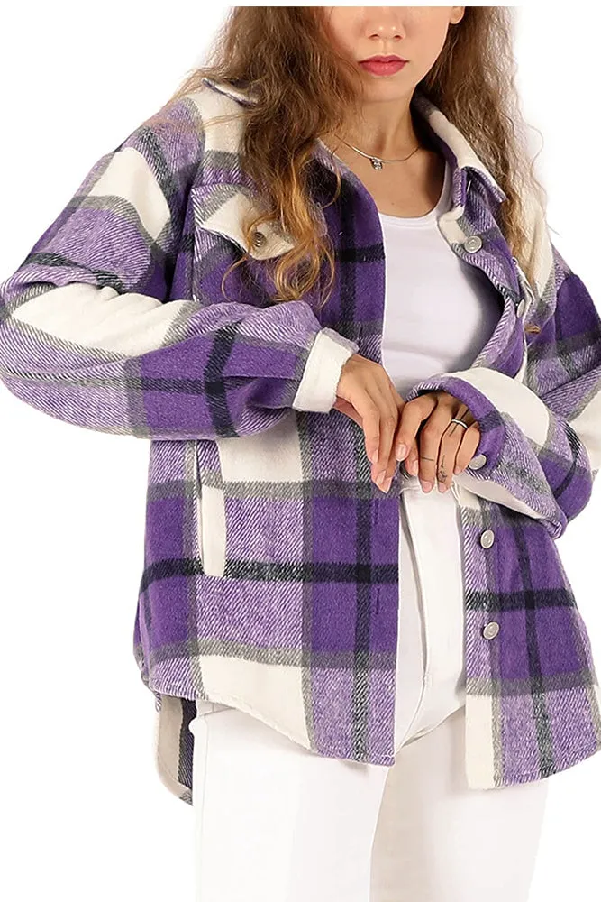 Plaid Button Down Pocketed Shacket Jackets Women