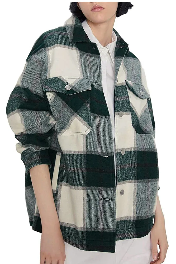 Plaid Button Down Pocketed Shacket Jackets Women