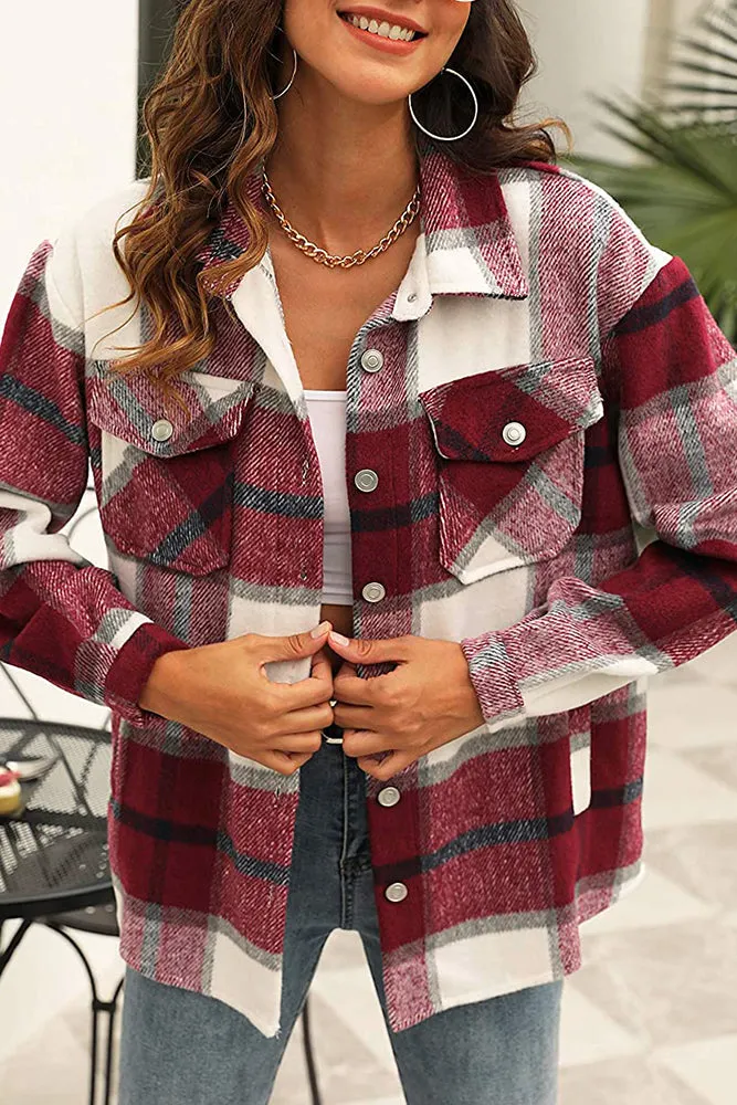 Plaid Button Down Pocketed Shacket Jackets Women