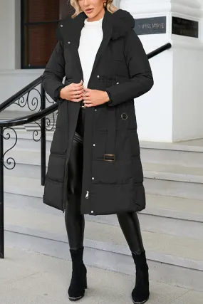 Plain Long Length Down Coat with Belt and Fur Hooded