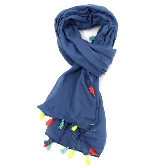 Plain Tassel Scarf | Blue with Neon Tassels