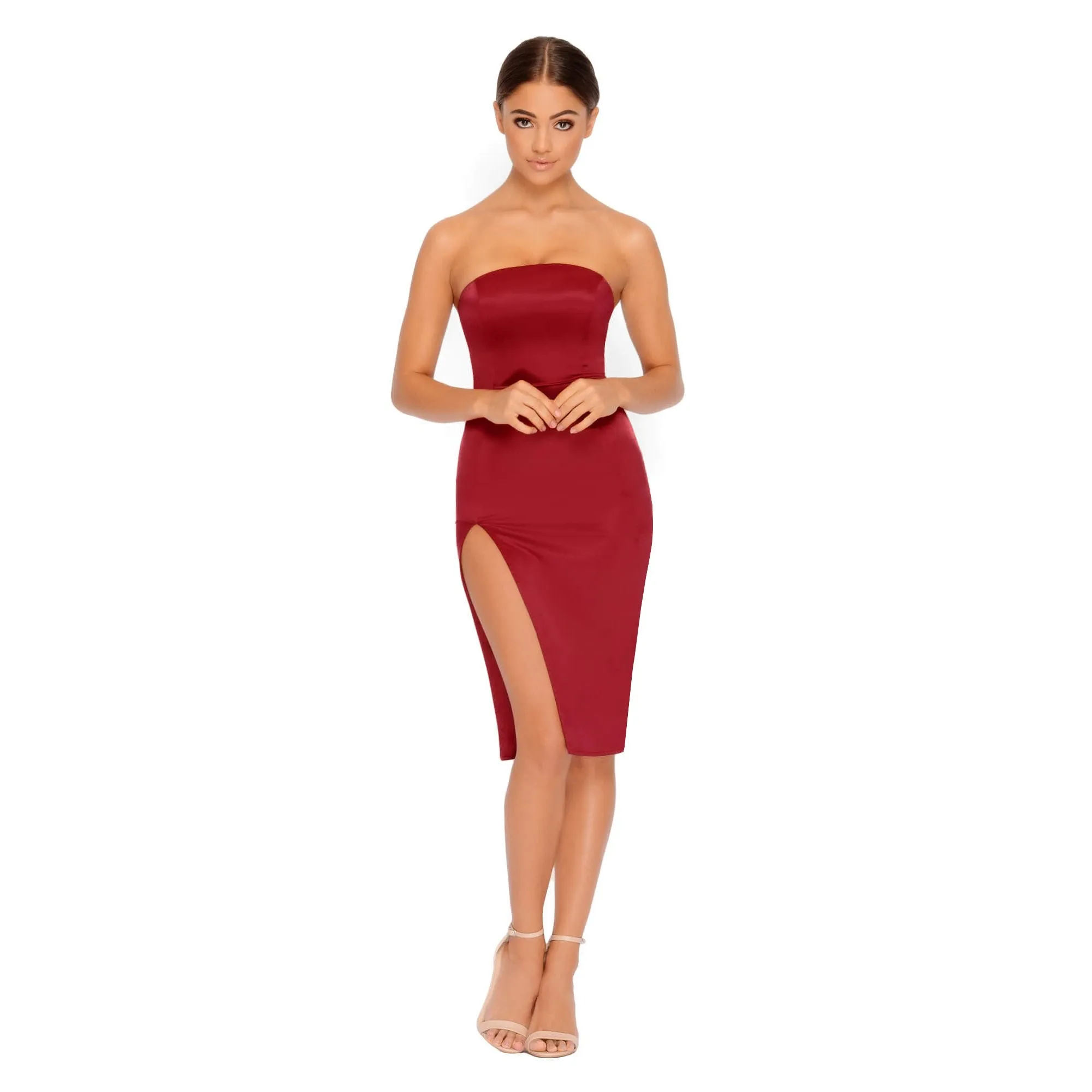 Pure And Simple Thigh Split Satin Bandeau Dress in Wine