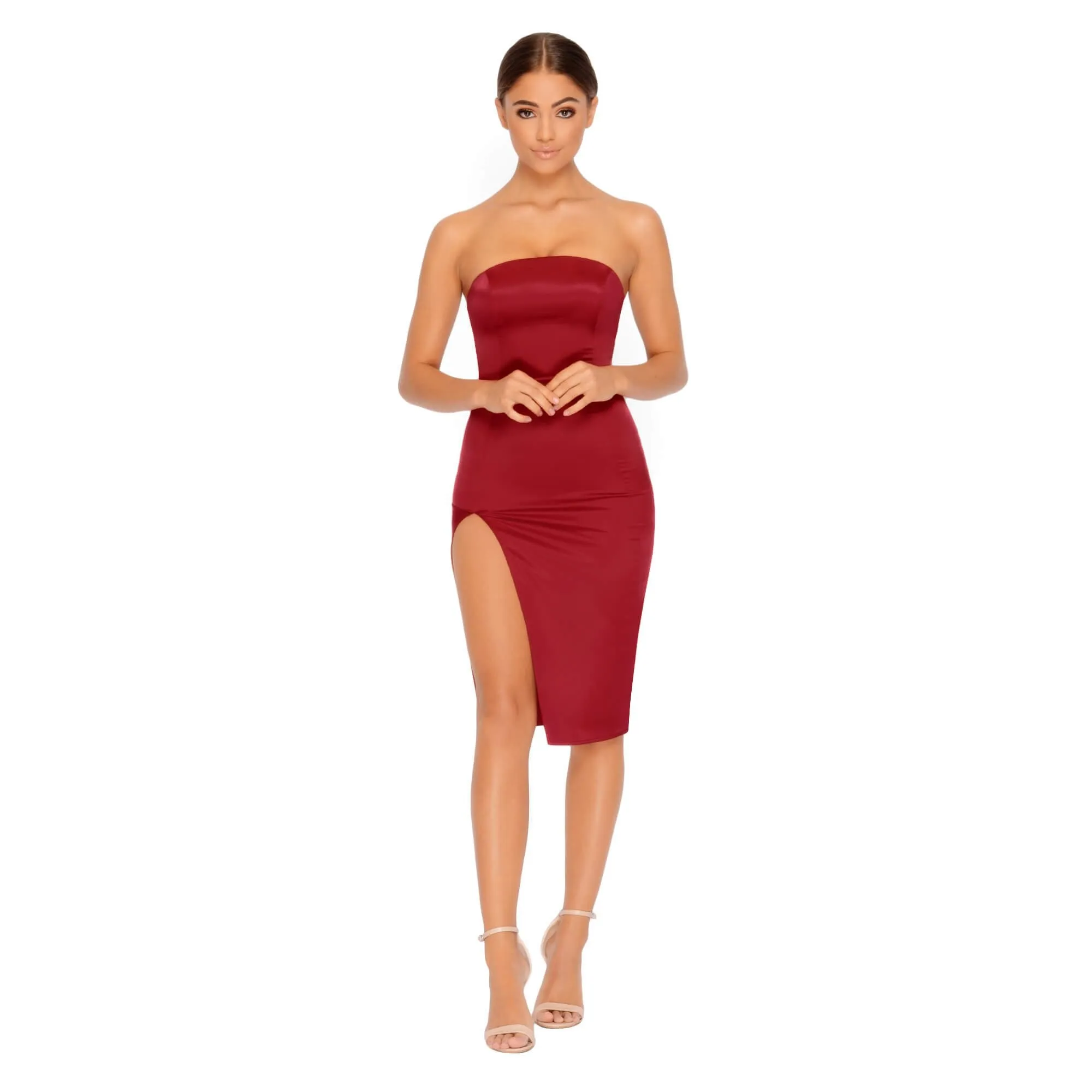 Pure And Simple Thigh Split Satin Bandeau Dress in Wine