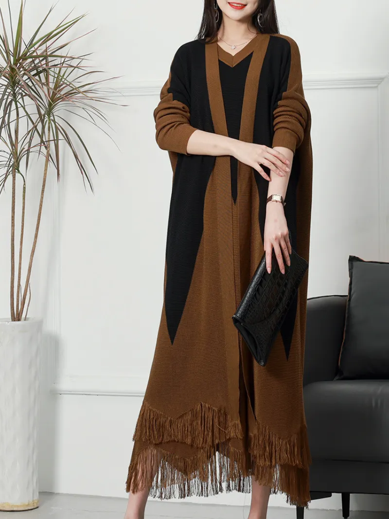 Pure Polyester V-neck Knitted Cardigan Long Sleeves Midi-Dress