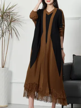 Pure Polyester V-neck Knitted Cardigan Long Sleeves Midi-Dress