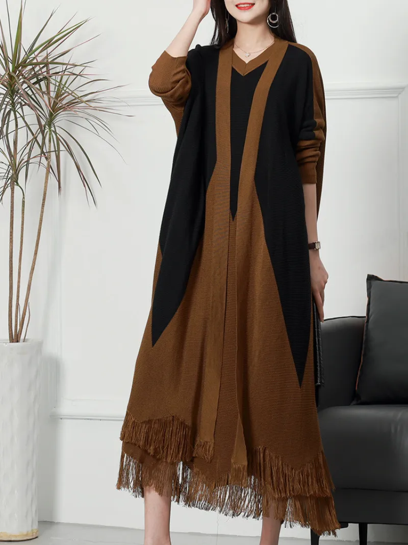 Pure Polyester V-neck Knitted Cardigan Long Sleeves Midi-Dress