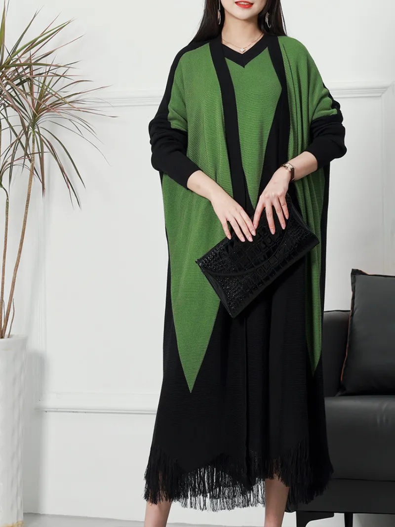 Pure Polyester V-neck Knitted Cardigan Long Sleeves Midi-Dress