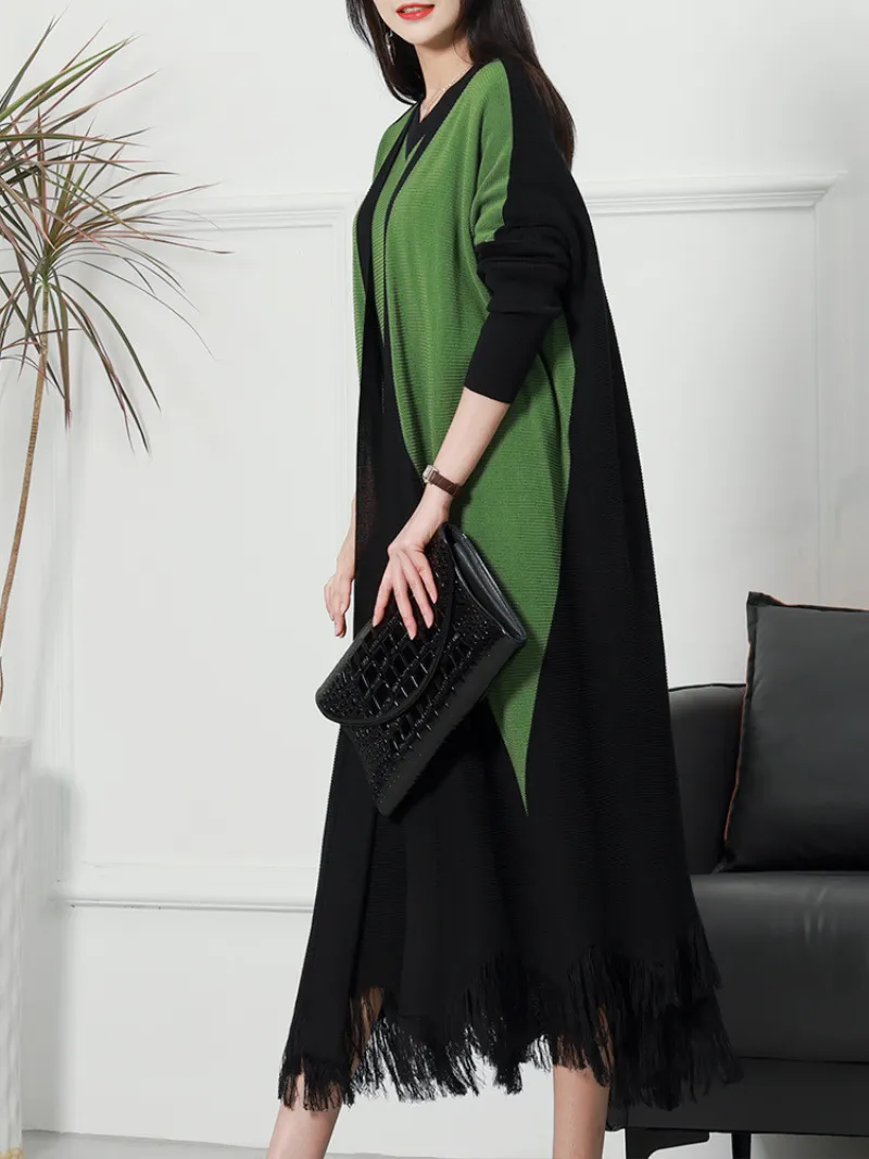 Pure Polyester V-neck Knitted Cardigan Long Sleeves Midi-Dress