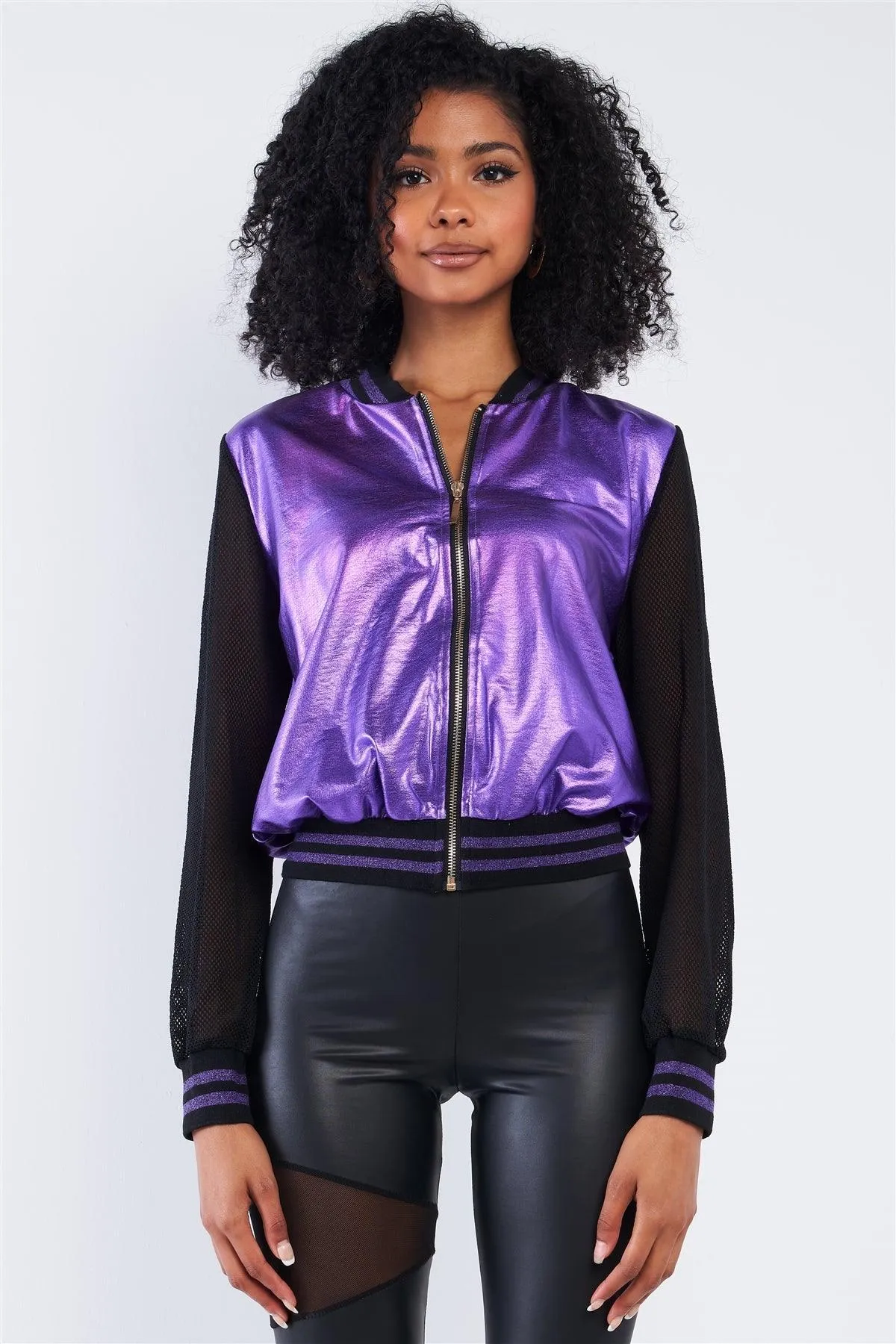 Purple Rain 1980's Inspired Metallic Rave Net Long Sleeve Bomber Jacket /2-2-2