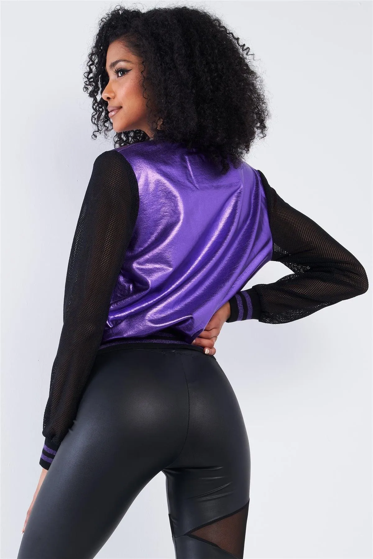 Purple Rain 1980's Inspired Metallic Rave Net Long Sleeve Bomber Jacket /2-2-2