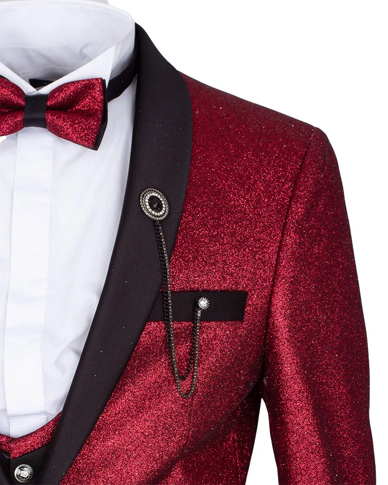 Red Men's Three Piece Glitter Wedding Suit Contrasting Lapel