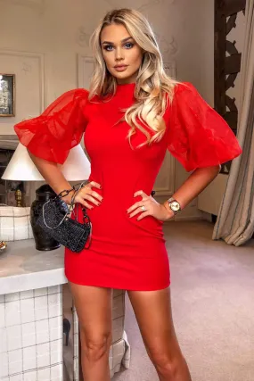 Red Puff Sleeve Bodycon Dress