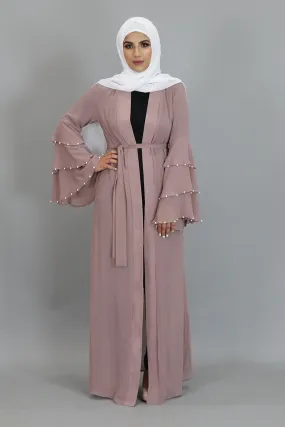 Rose Pink Chiffon Pearls Abaya Cardigan Dress