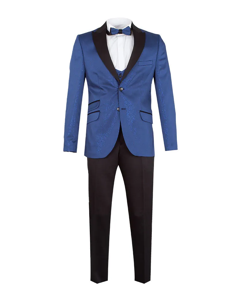 Royal Blue Men's Three Piece Glitter Suit Contrasting Lapel