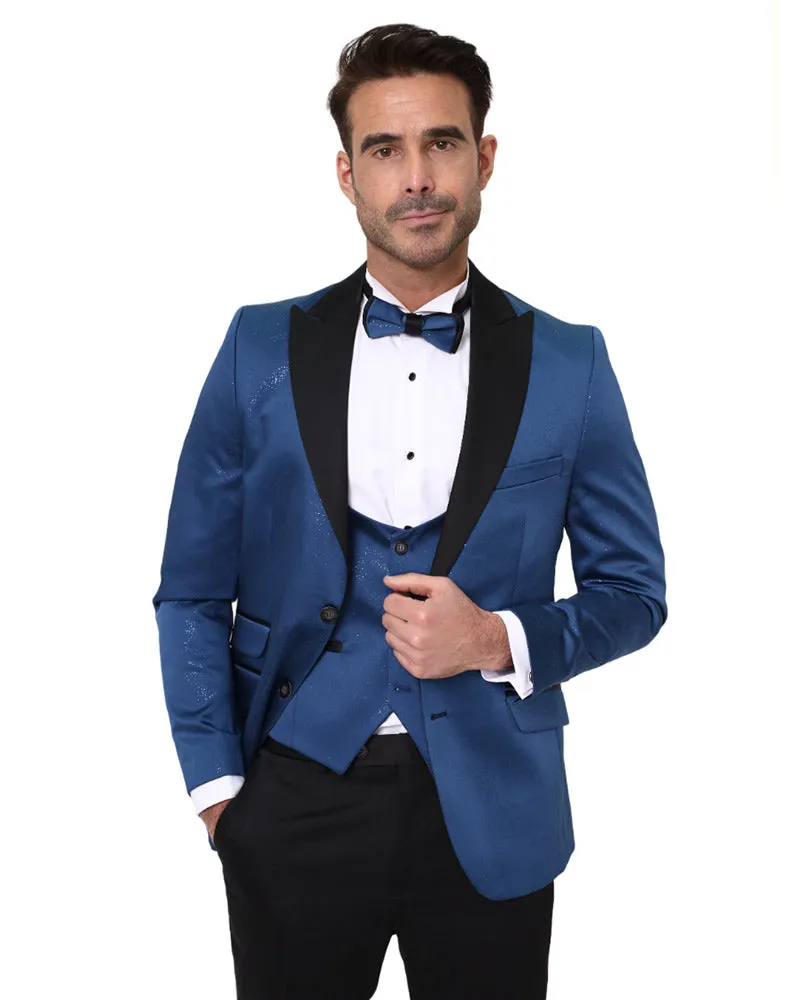 Royal Blue Men's Three Piece Glitter Suit Contrasting Lapel