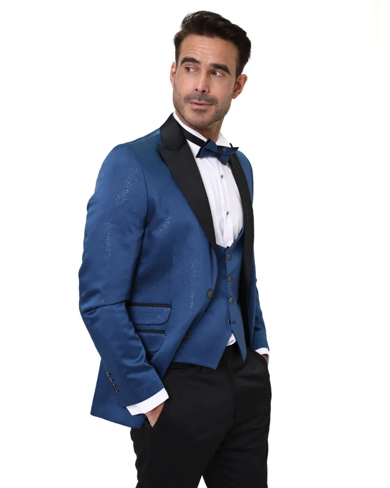 Royal Blue Men's Three Piece Glitter Suit Contrasting Lapel