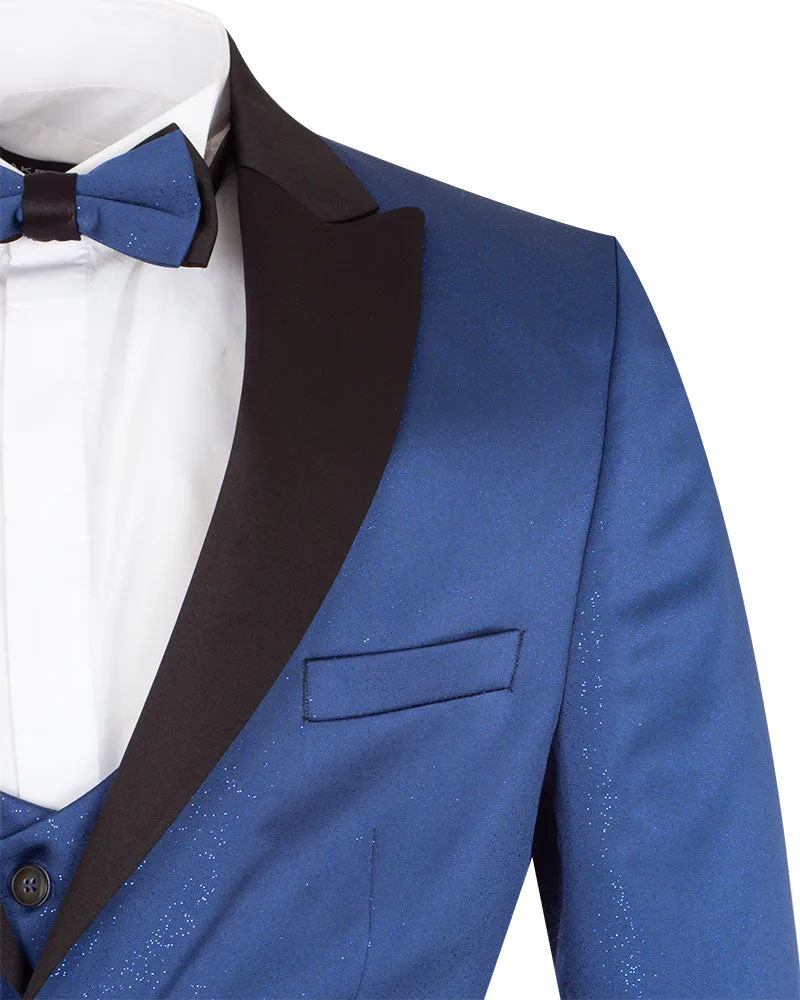 Royal Blue Men's Three Piece Glitter Suit Contrasting Lapel