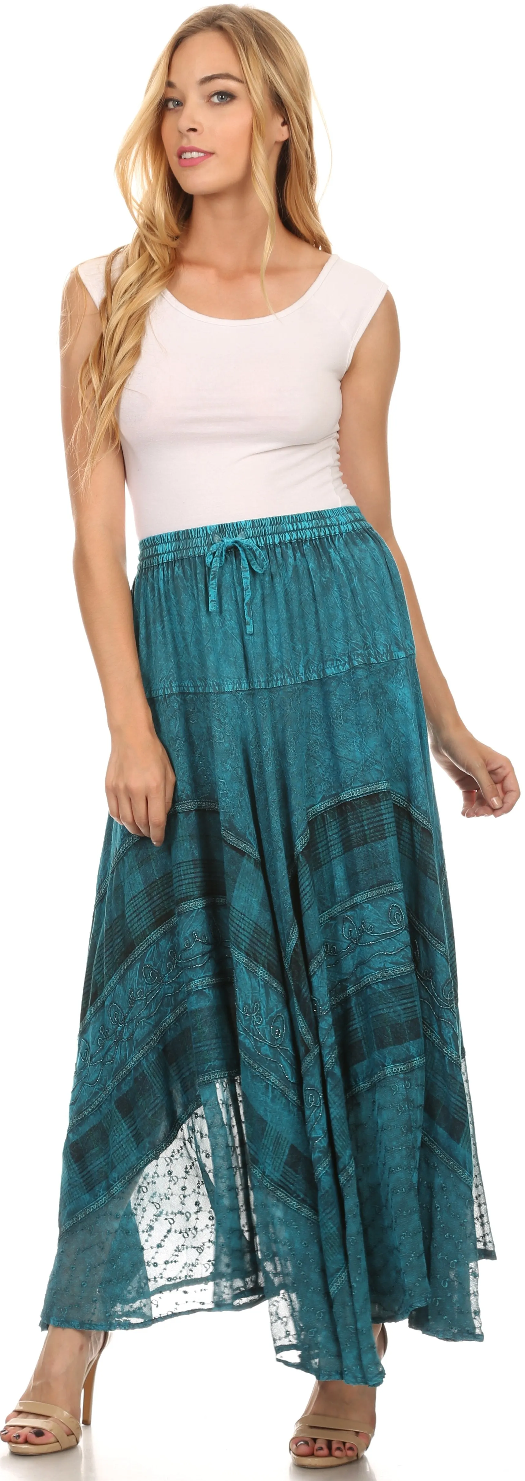 Sakkas Hailes Long Tall Wide Silver Embroidered Batik Adjustable Waist Skirt