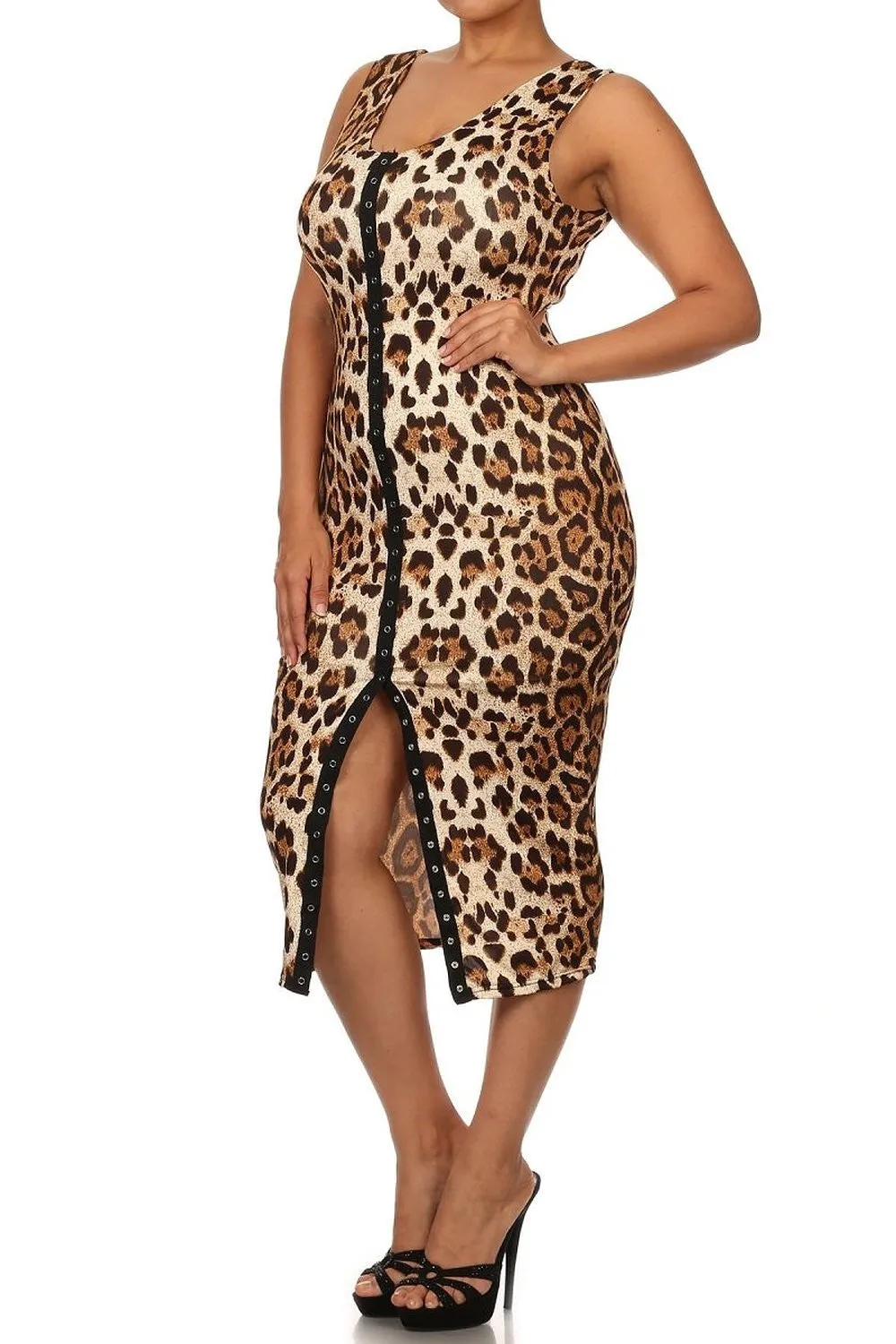 Sexy Leopard Bodycon Button Down Plus Size Midi Tank Dress