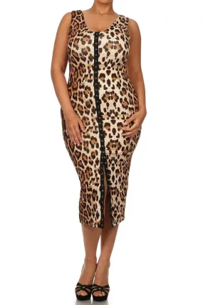 Sexy Leopard Bodycon Button Down Plus Size Midi Tank Dress