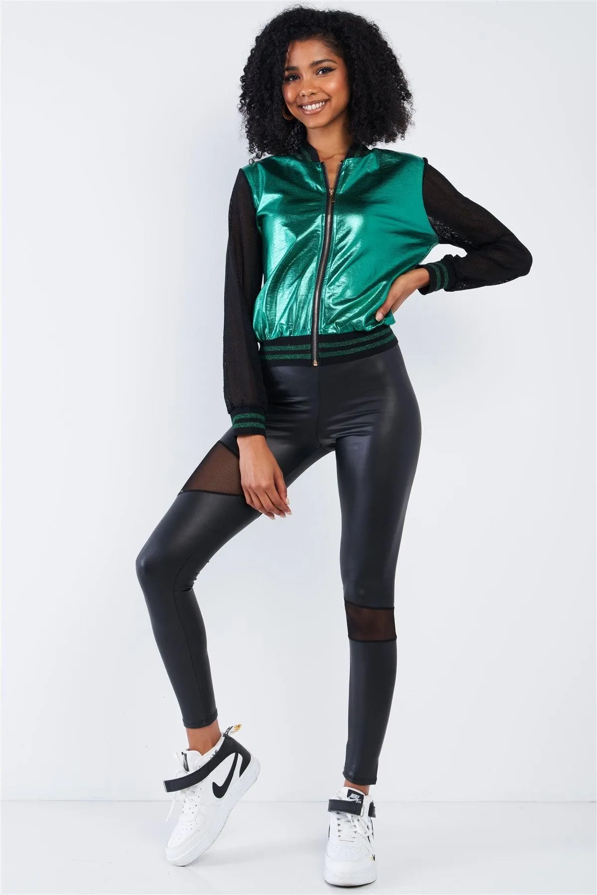 Shiny Green 1980's Inspired Metallic Rave Net Long Sleeve Bomber Jacket /2-2-2