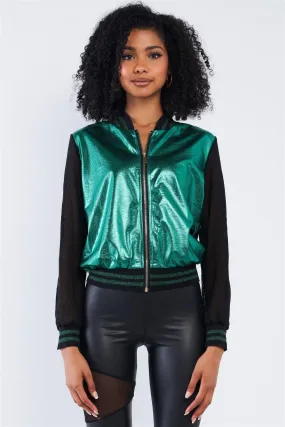 Shiny Green 1980's Inspired Metallic Rave Net Long Sleeve Bomber Jacket /2-2-2