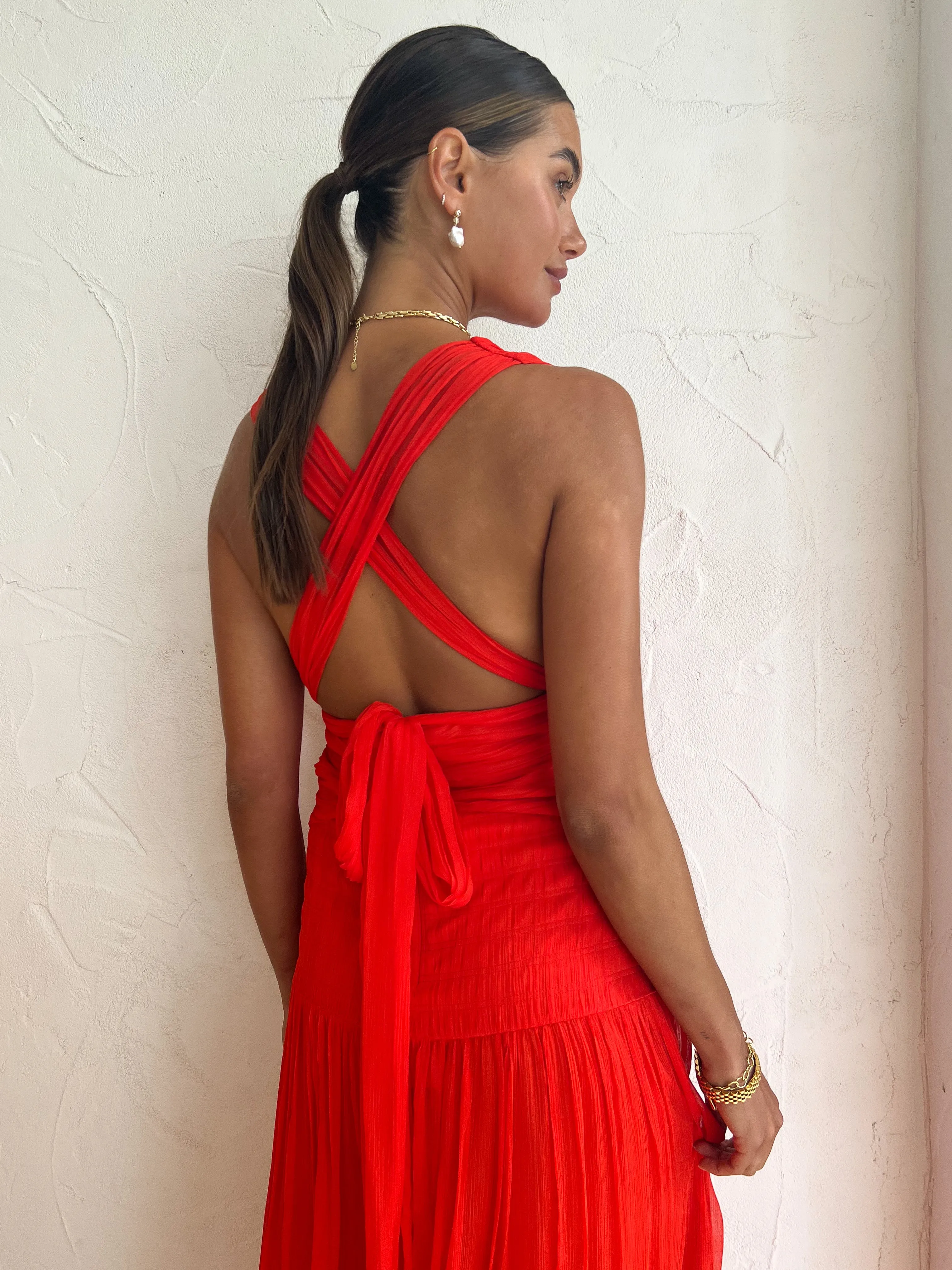 Shona Joy Leilani Midi Plunge Tie Back Dress in Hibiscus