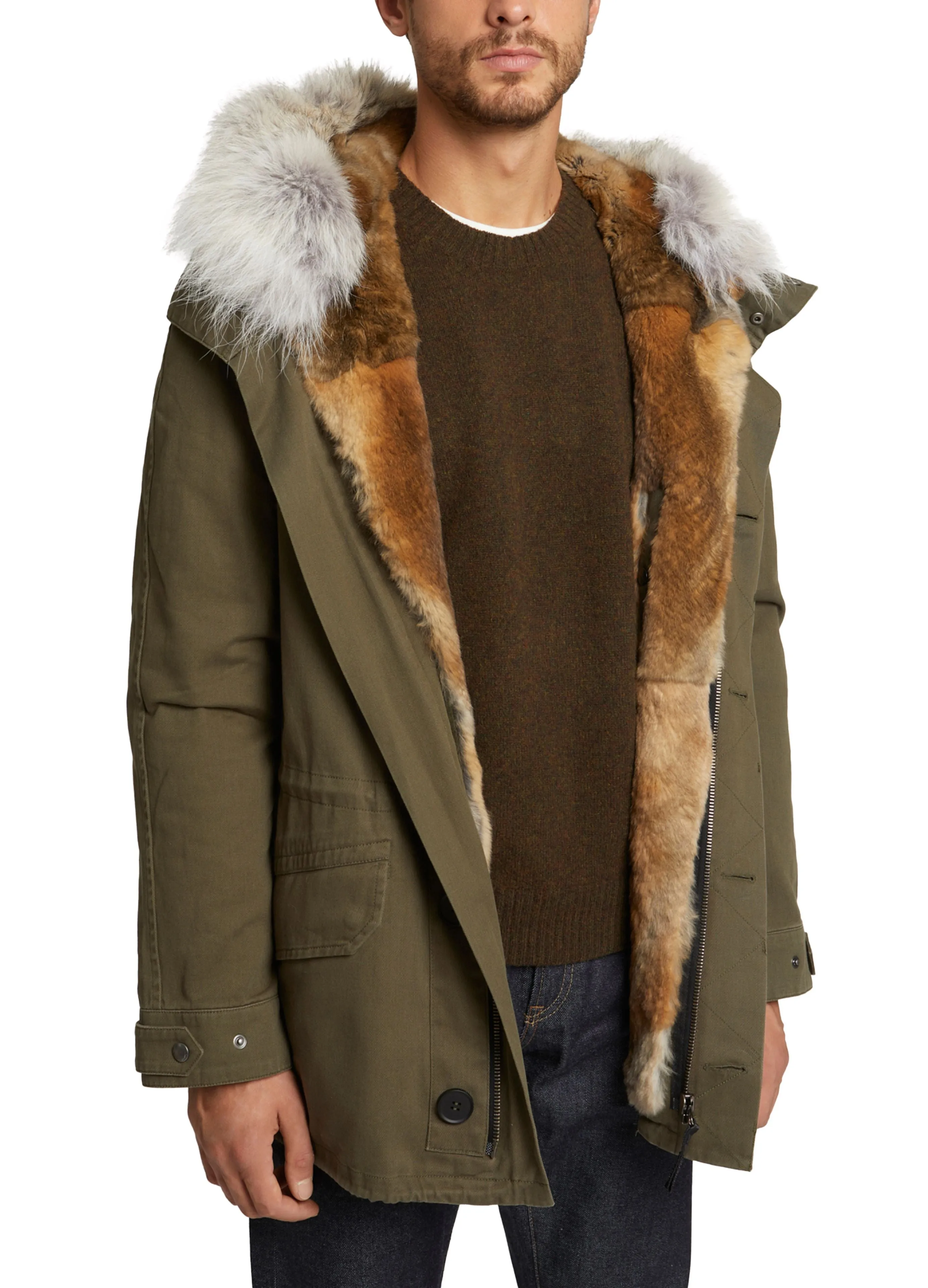 Short Iconic Parka In Cotton Gabardine And Coyote Fur