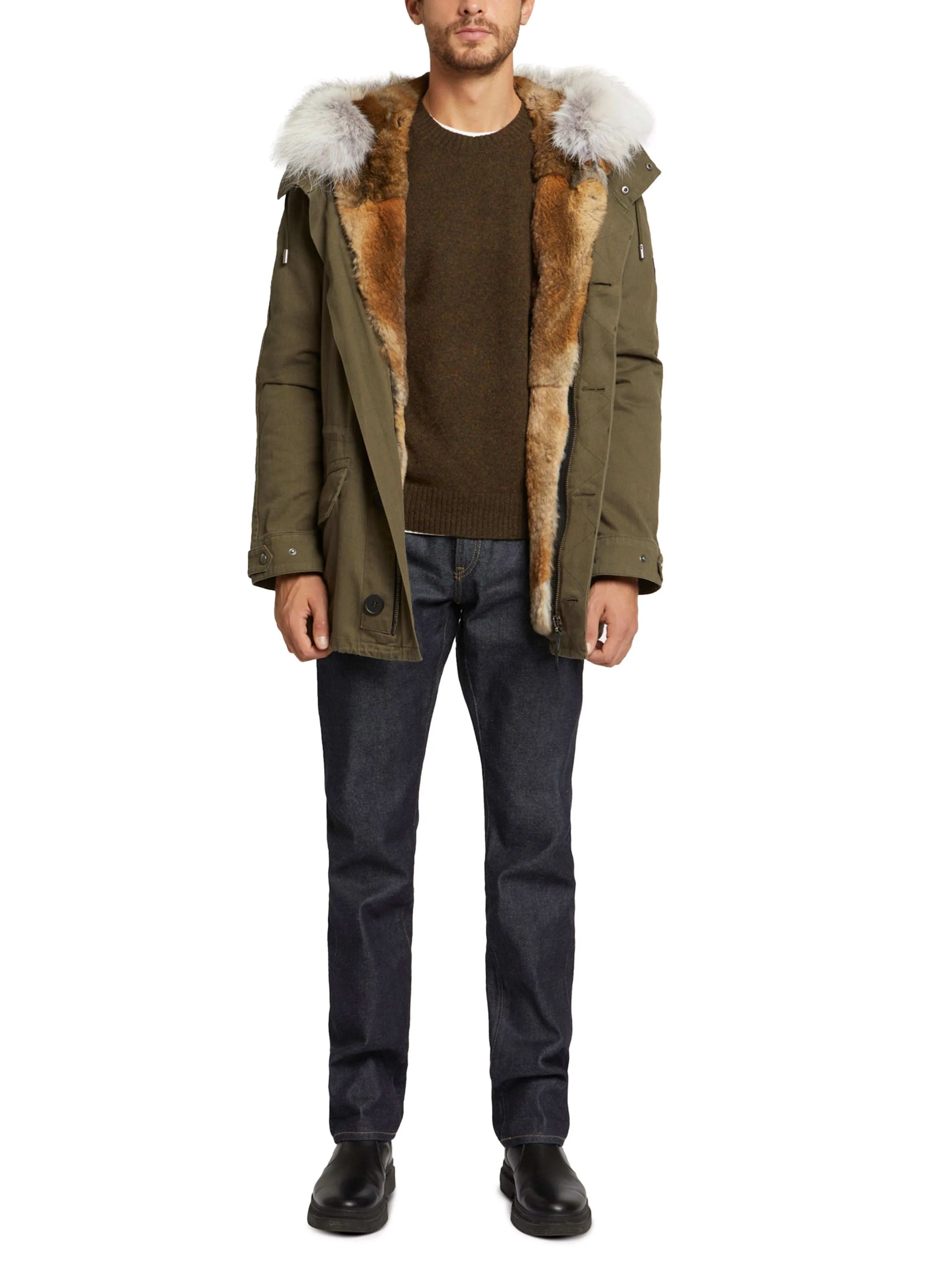 Short Iconic Parka In Cotton Gabardine And Coyote Fur