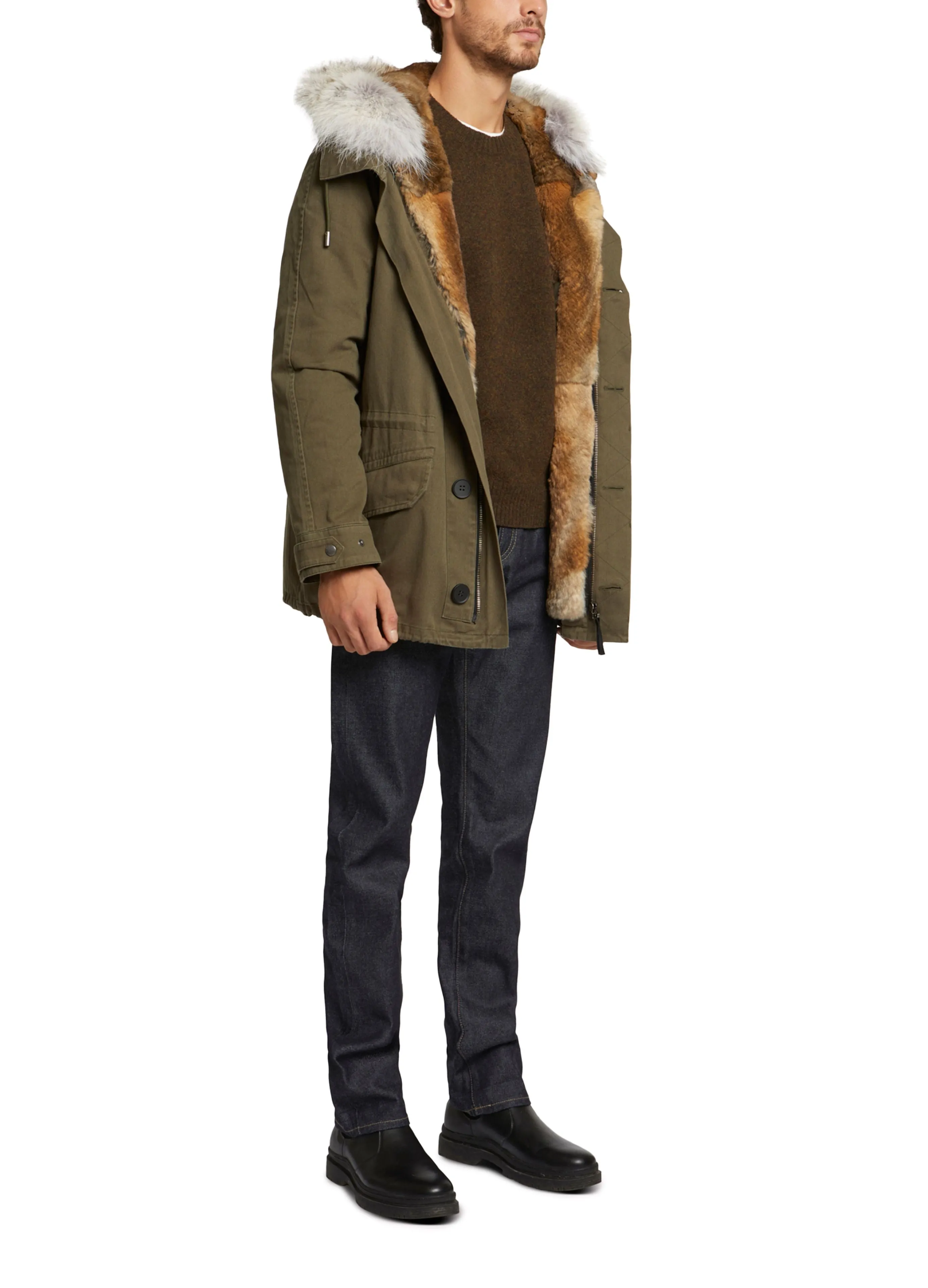 Short Iconic Parka In Cotton Gabardine And Coyote Fur