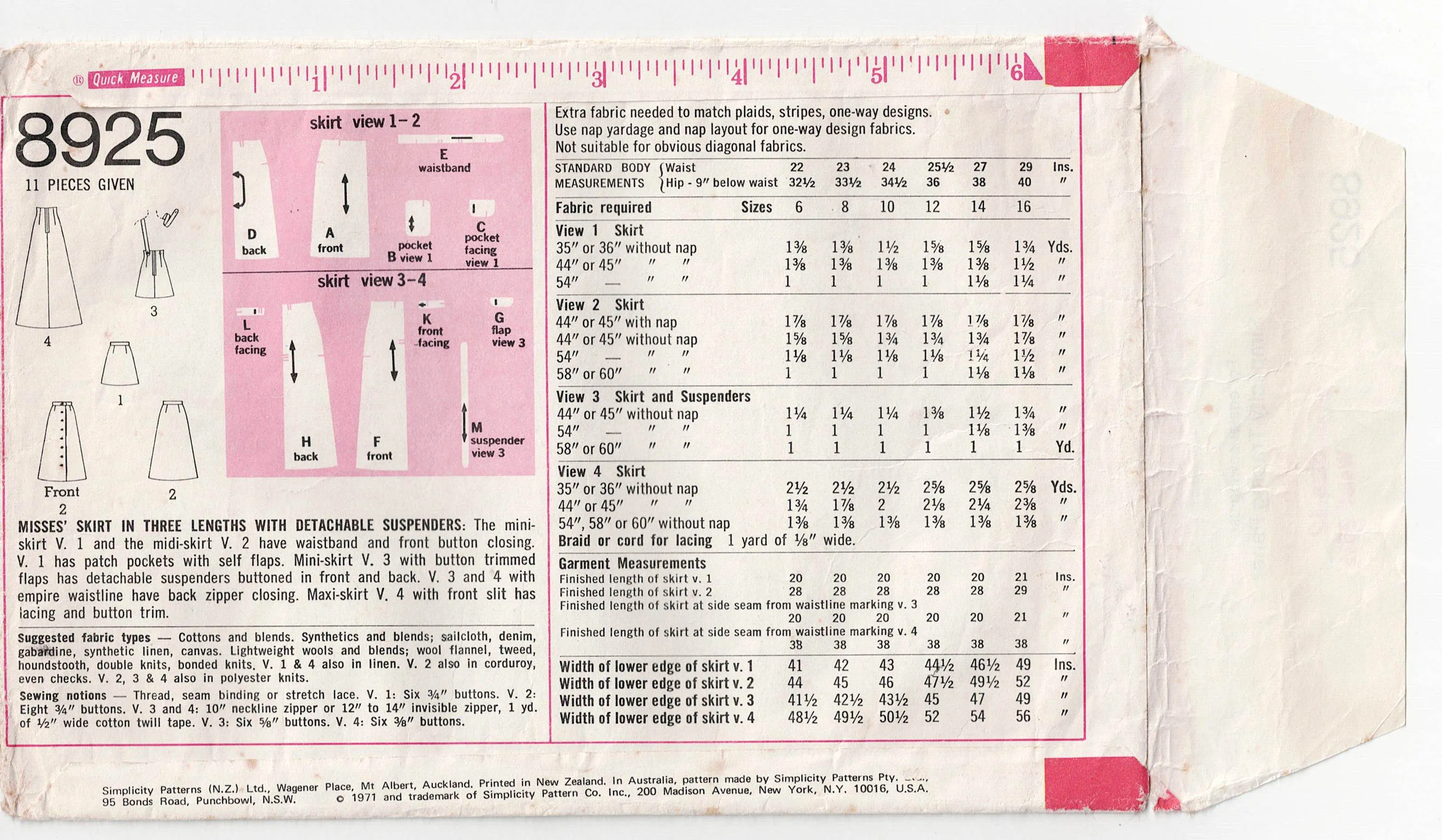 Simplicity 8925 Womens Maxi Midi High Waisted Suspender Skirts 1970s Vintage Sewing Pattern Size 12 Bust 34 Inches