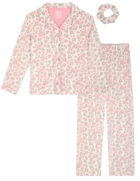 Sleep On It Girls 2-Piece Button-Front Coat Pajama Set with Scrunchie - Velour Leopard