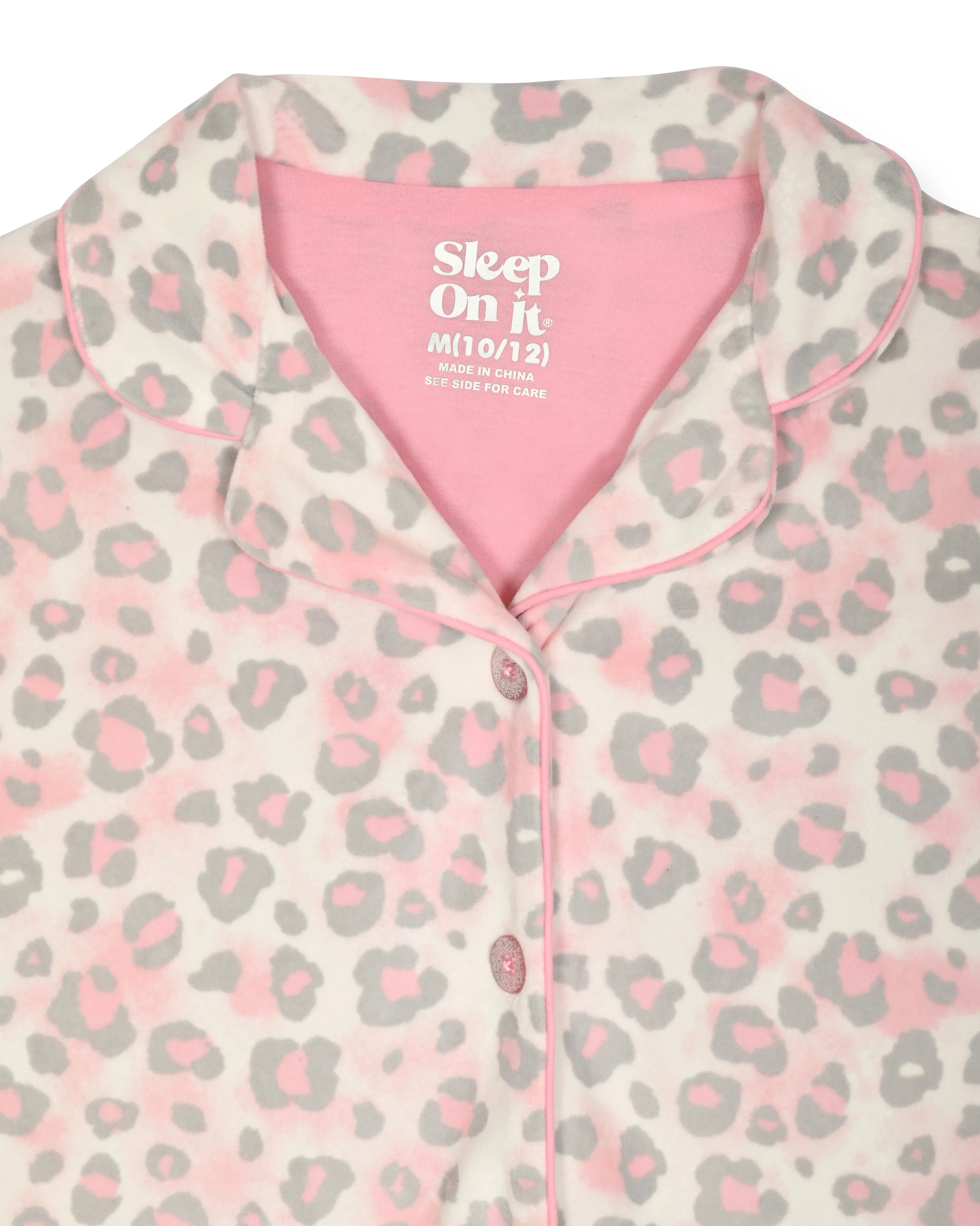 Sleep On It Girls 2-Piece Button-Front Coat Pajama Set with Scrunchie - Velour Leopard