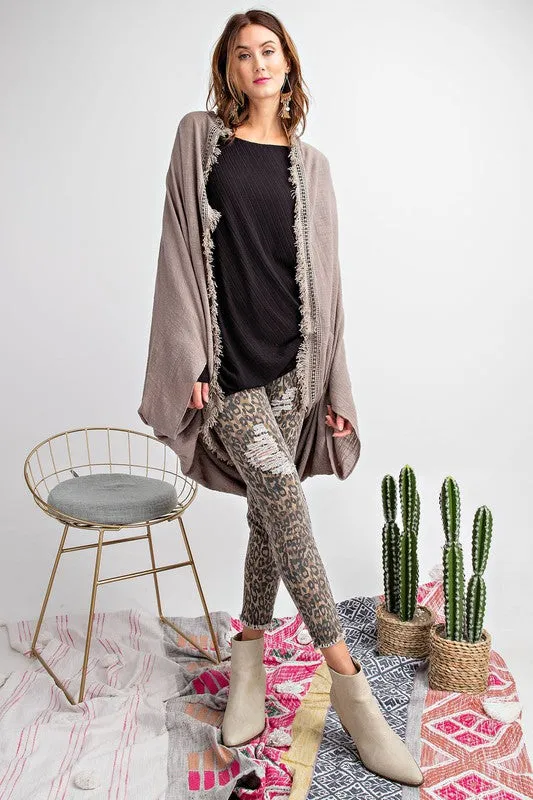 Slouchy Lightweight Cardigan with Fringe Detail in Mushroom in S-L