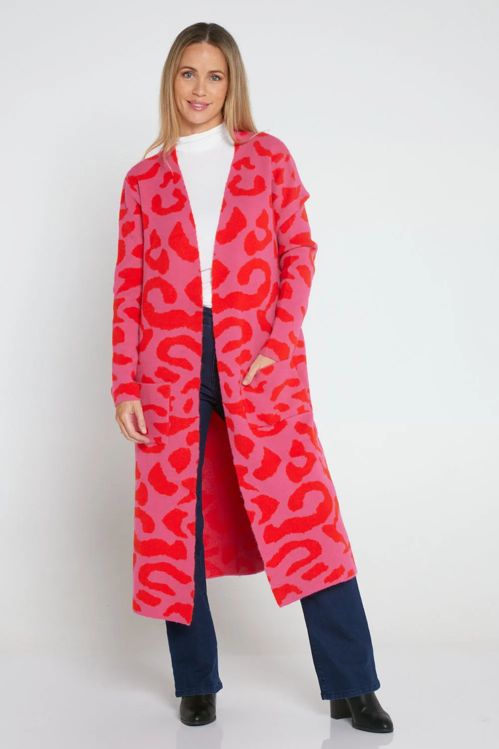 Swift Wraparound Oversized Tie Waist Cardigan - Pink/Red Cheetah Print