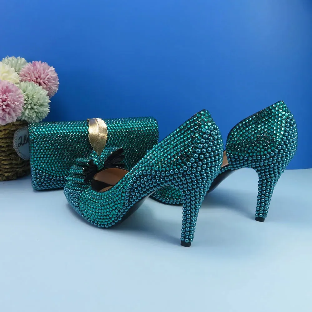 Teal Blue Crystal Bow Top Shoes with Matching Clutch Bag