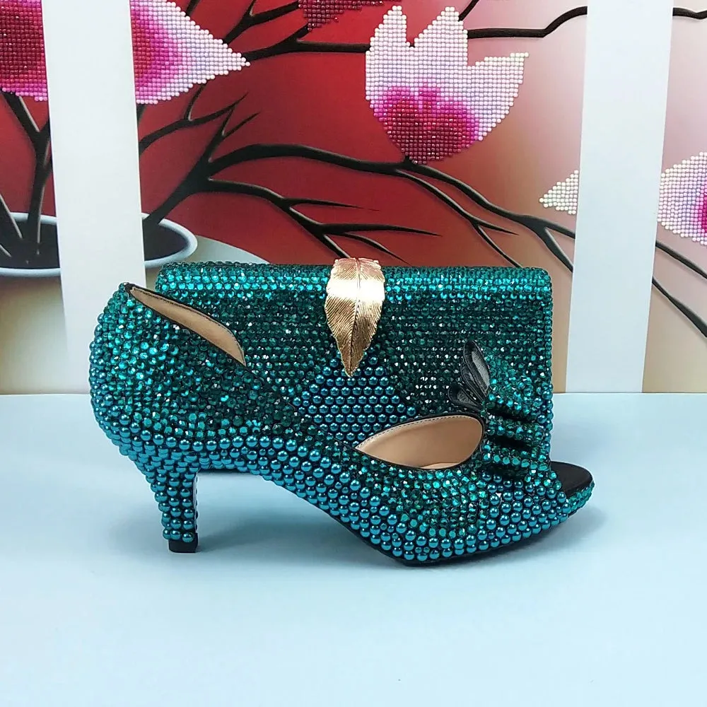 Teal Blue Crystal Bow Top Shoes with Matching Clutch Bag