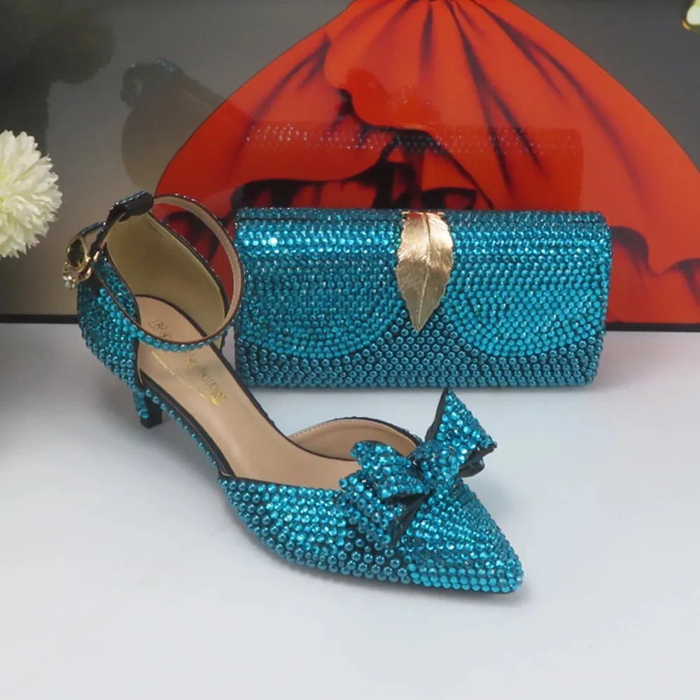 Teal Blue Crystal Bow Top Shoes with Matching Clutch Bag