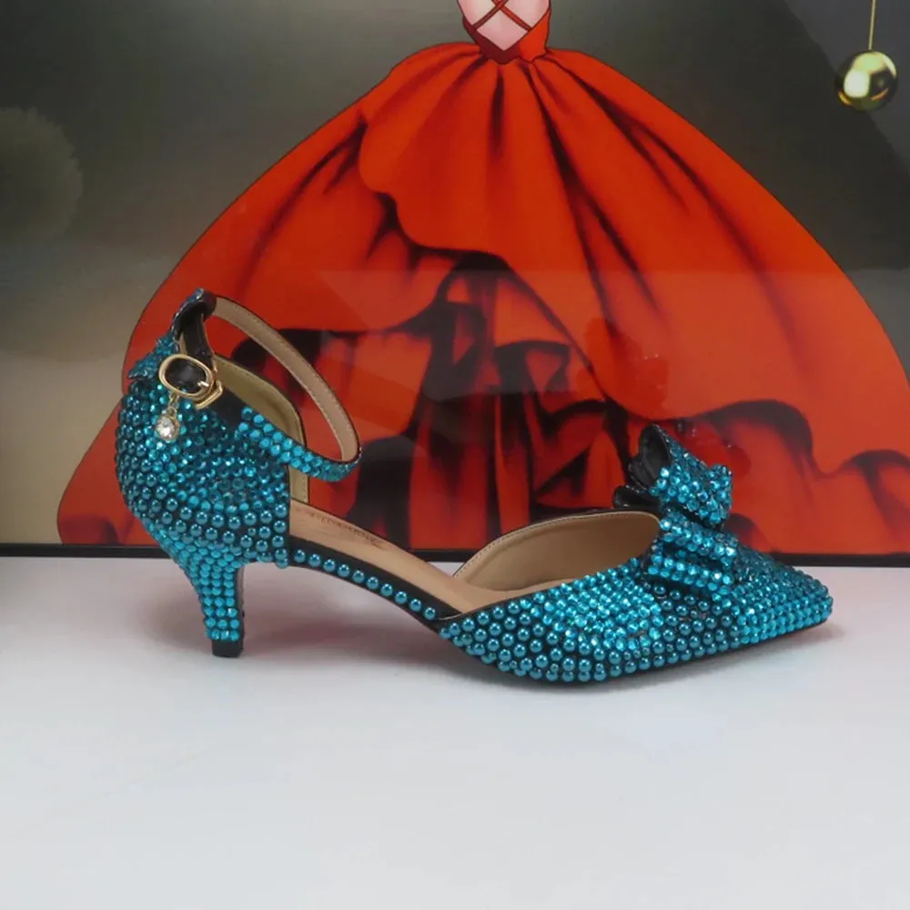 Teal Blue Crystal Bow Top Shoes with Matching Clutch Bag